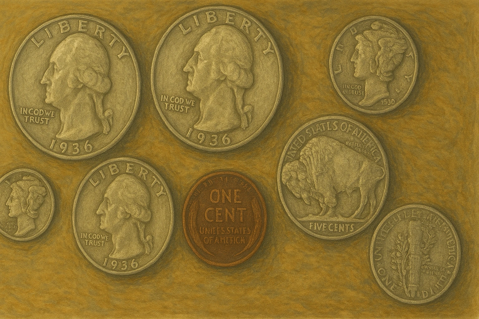 American coins from the 1930s are lying on the table.