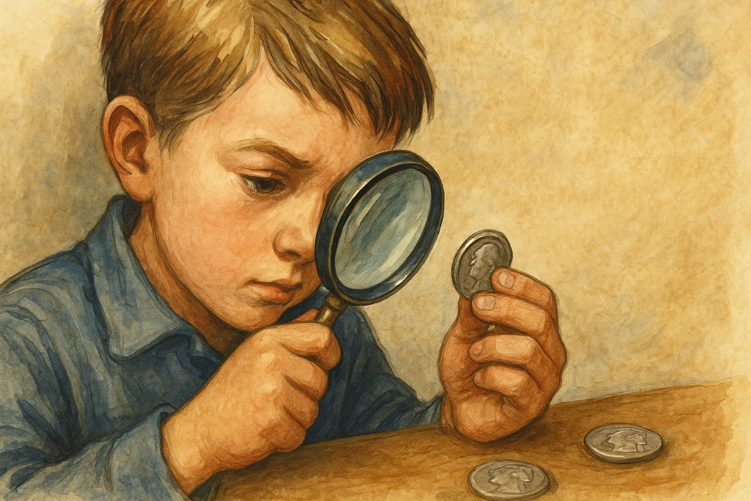 A young boy with a magnifying glass is looking at a coin.