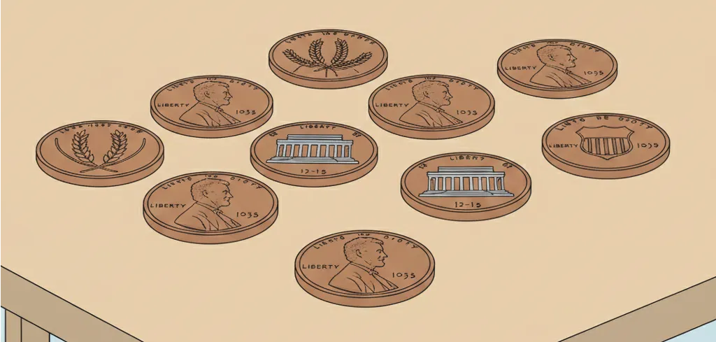 Lincoln coins displayed on a table